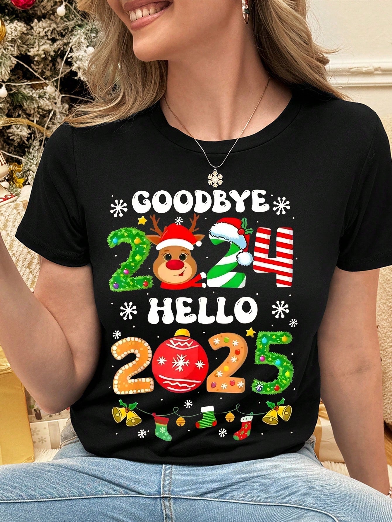 SHEIN EZwear Christmas Round Neck Short Sleeve T-Shirt, Women's Plus Size Short Sleeve With Slogan Graphic, Merry Christmas T-Shirt, Suitable For Spring And Summer