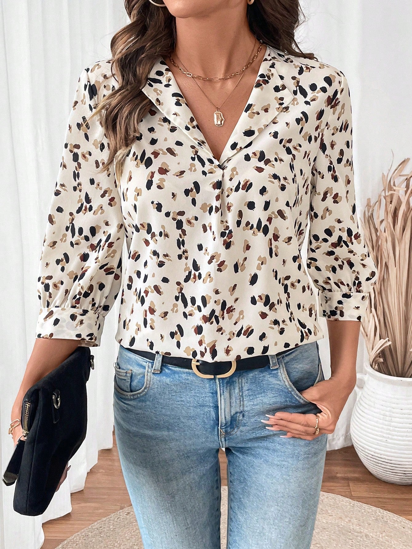 LUNE Ladies Casual Minimalist Leopard Print Office Wear Shirt, Suitable For Autumn & Winter