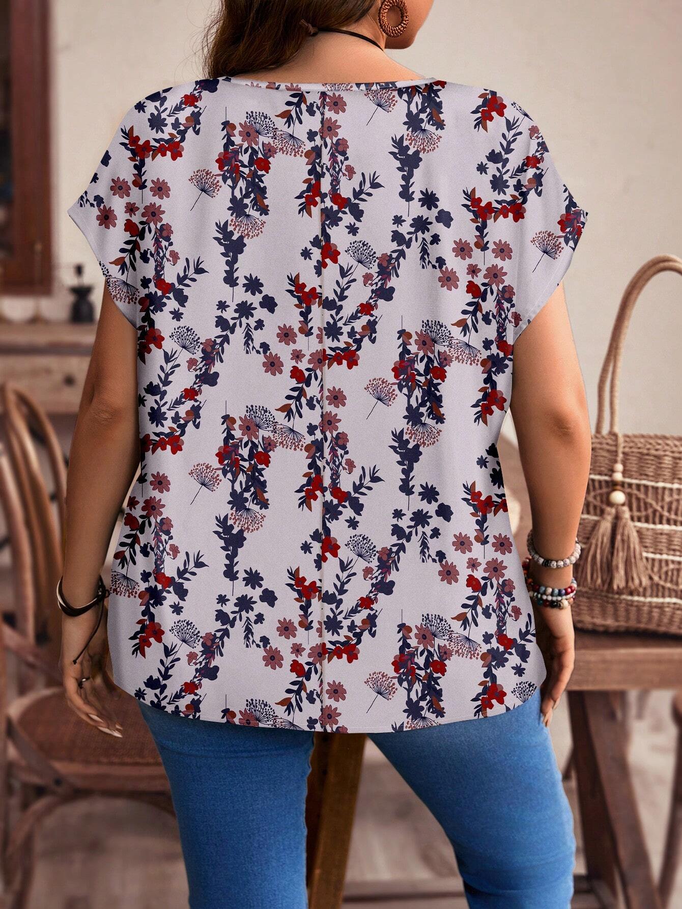 EMERY ROSE Plus Size Red Floral Pattern Casual All-Over Print Button-Up Shirt, Suitable For Autumn