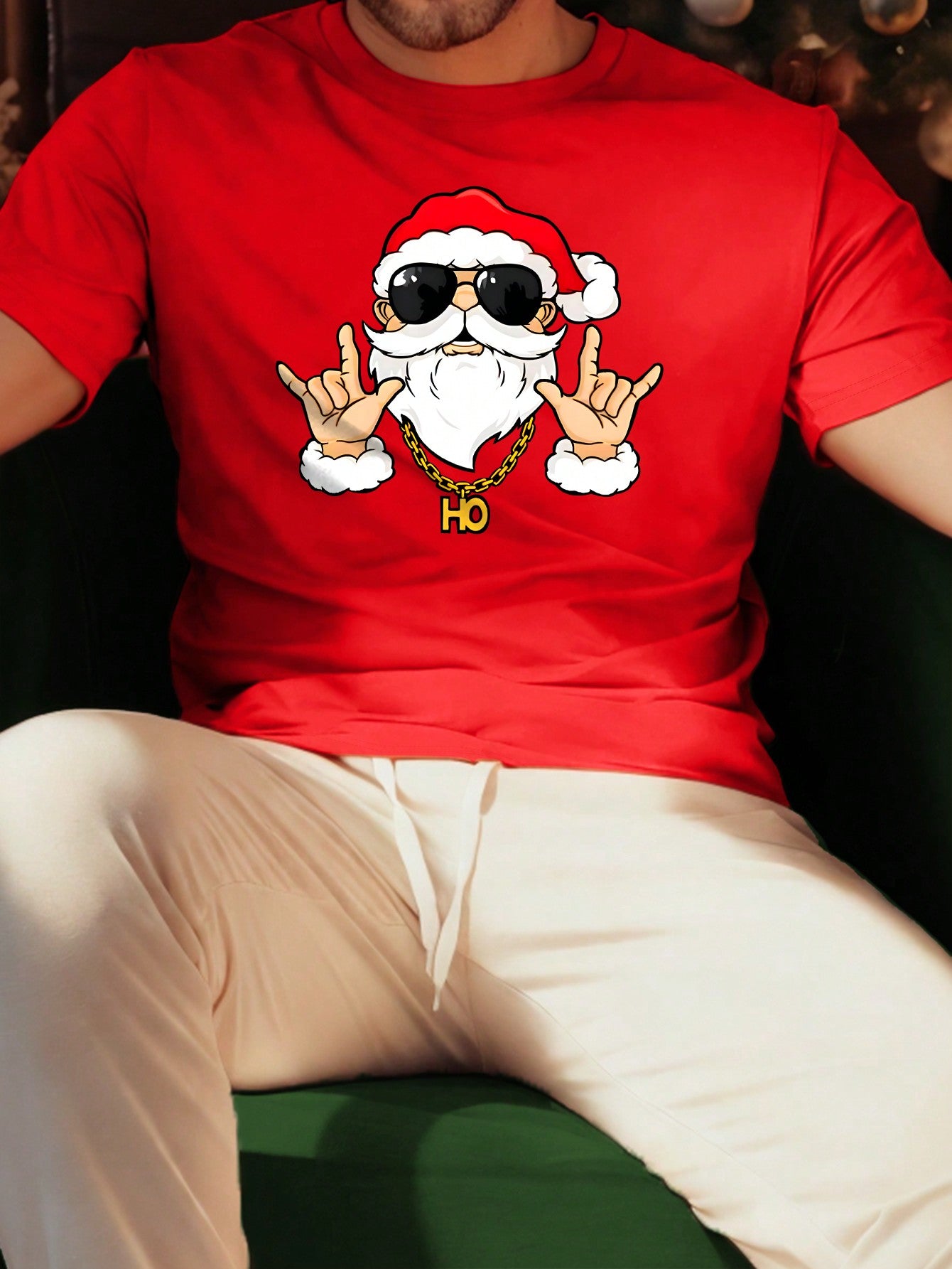 Manfinity LEGND Men's Round Neck Short Sleeve Santa Claus Printed Simple T-Shirt, Casual For Daily Wear