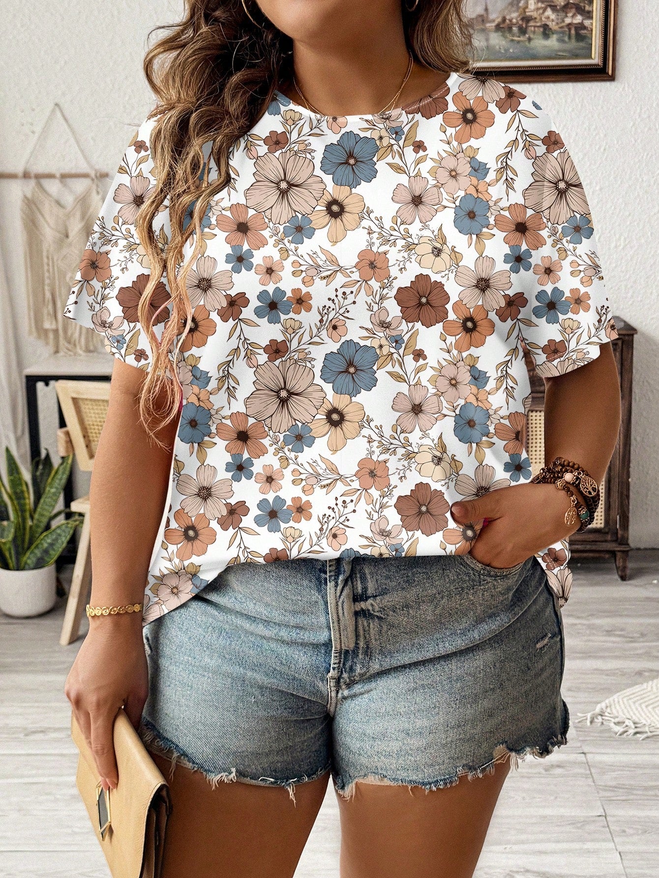 LUNE Casual Floral Pattern Loose Fit Round Neck Short Sleeve Plus Size T-Shirt, Summer