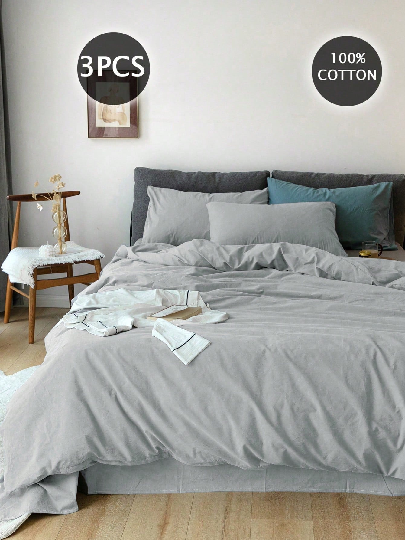 3pcsWashed Minimalist Duvet Cover Set, 1 Duvet Cover