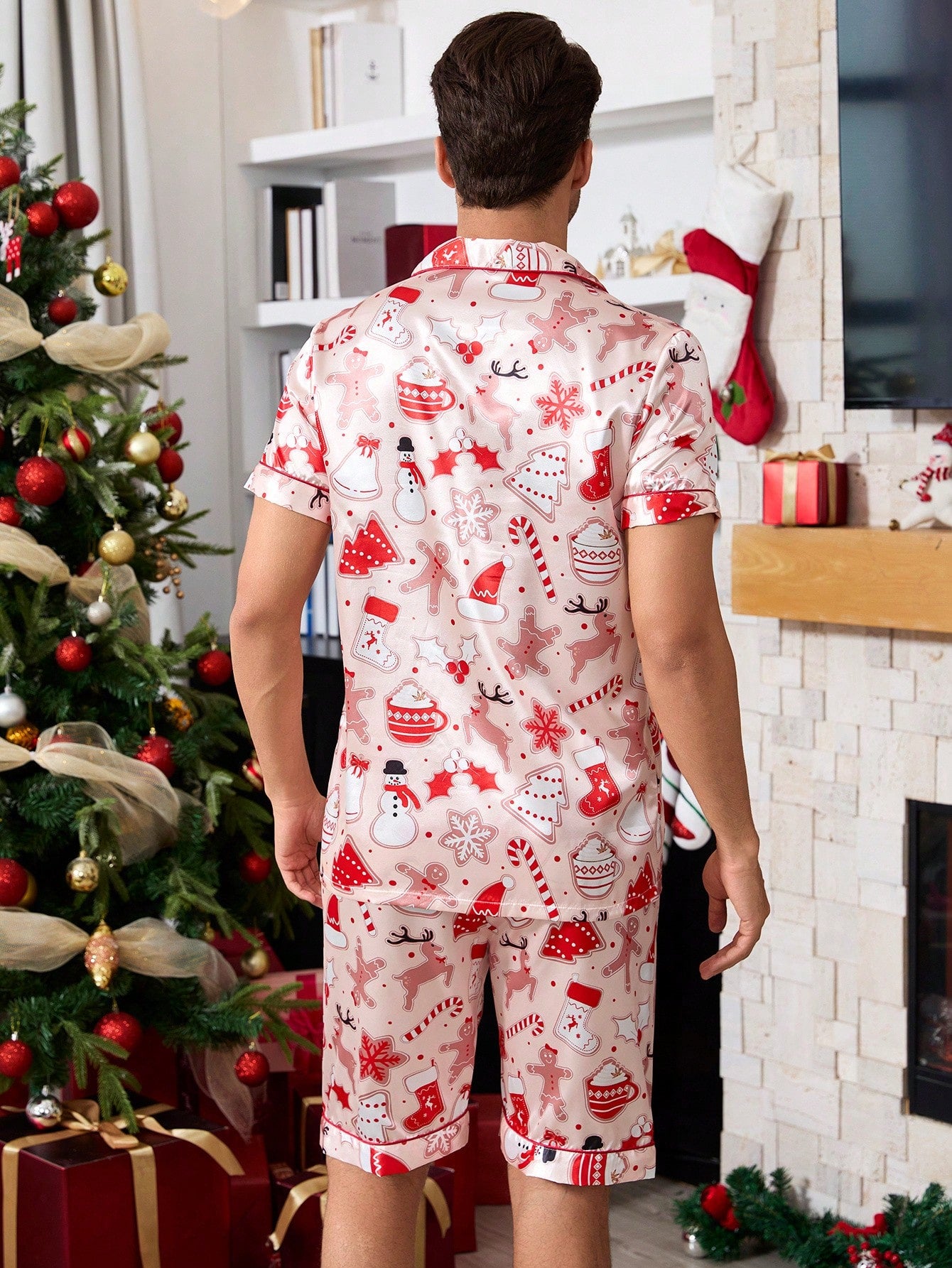 Coupled Up Cartoon Christmas Element Print Silky Look Men Pajama Set