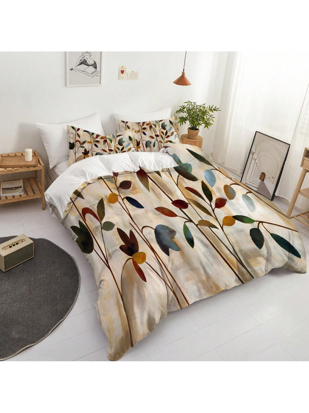 3pcs Art Leaves Pattern Duvet Cover Set - Polyester,Breathable Fabric, Machine Washable, Digital Print, All-Season Comfort, With 2 Pillowcases, No Insert - Elegant Home Decor