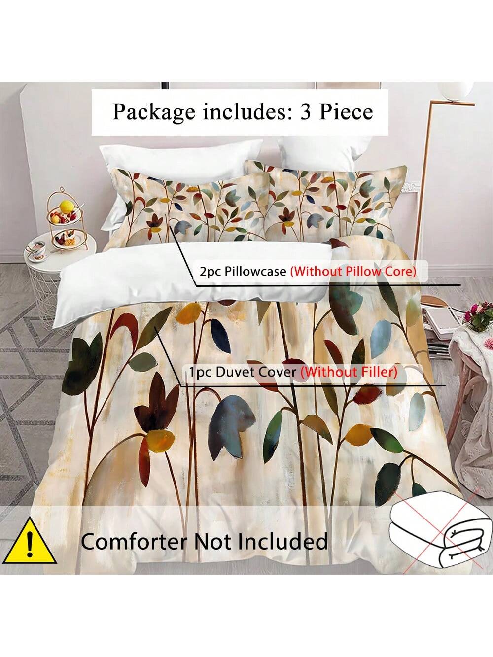 3pcs Art Leaves Pattern Duvet Cover Set - Polyester,Breathable Fabric, Machine Washable, Digital Print, All-Season Comfort, With 2 Pillowcases, No Insert - Elegant Home Decor