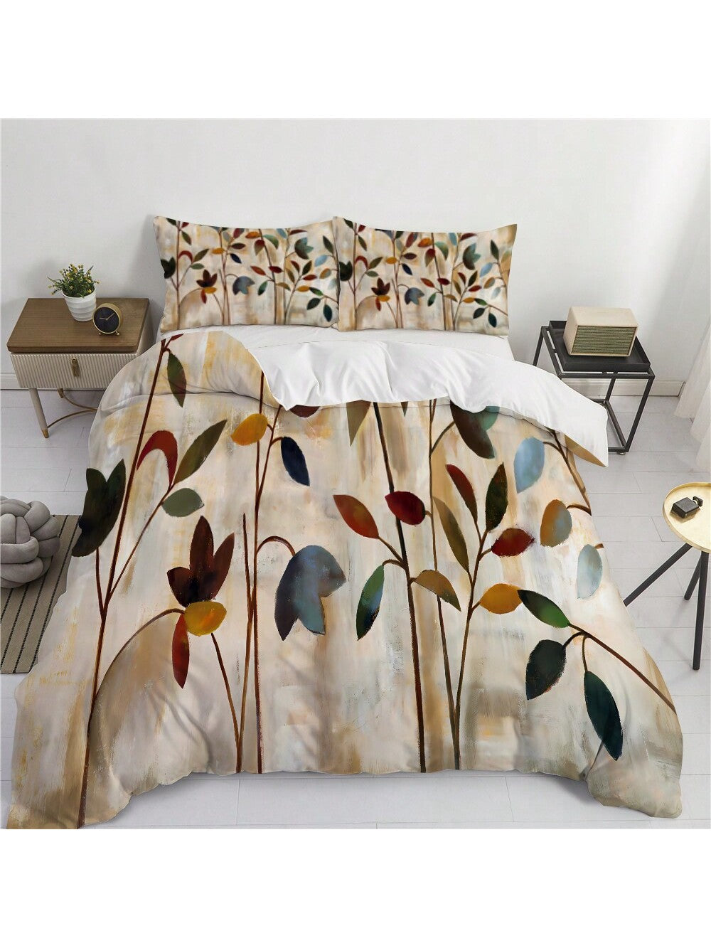 3pcs Art Leaves Pattern Duvet Cover Set - Polyester,Breathable Fabric, Machine Washable, Digital Print, All-Season Comfort, With 2 Pillowcases, No Insert - Elegant Home Decor