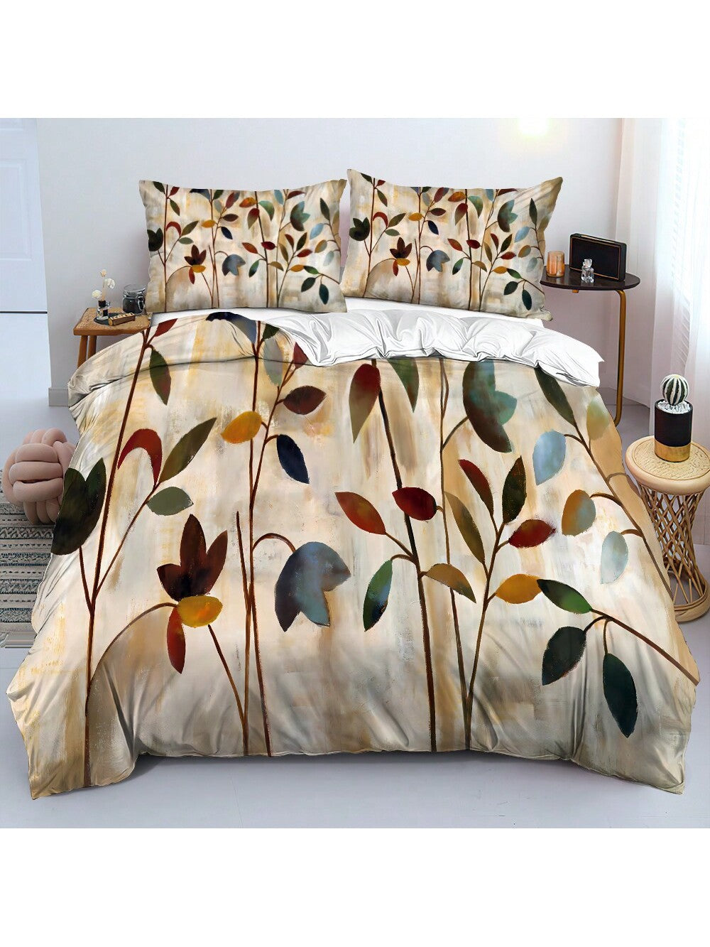 3pcs Art Leaves Pattern Duvet Cover Set - Polyester,Breathable Fabric, Machine Washable, Digital Print, All-Season Comfort, With 2 Pillowcases, No Insert - Elegant Home Decor