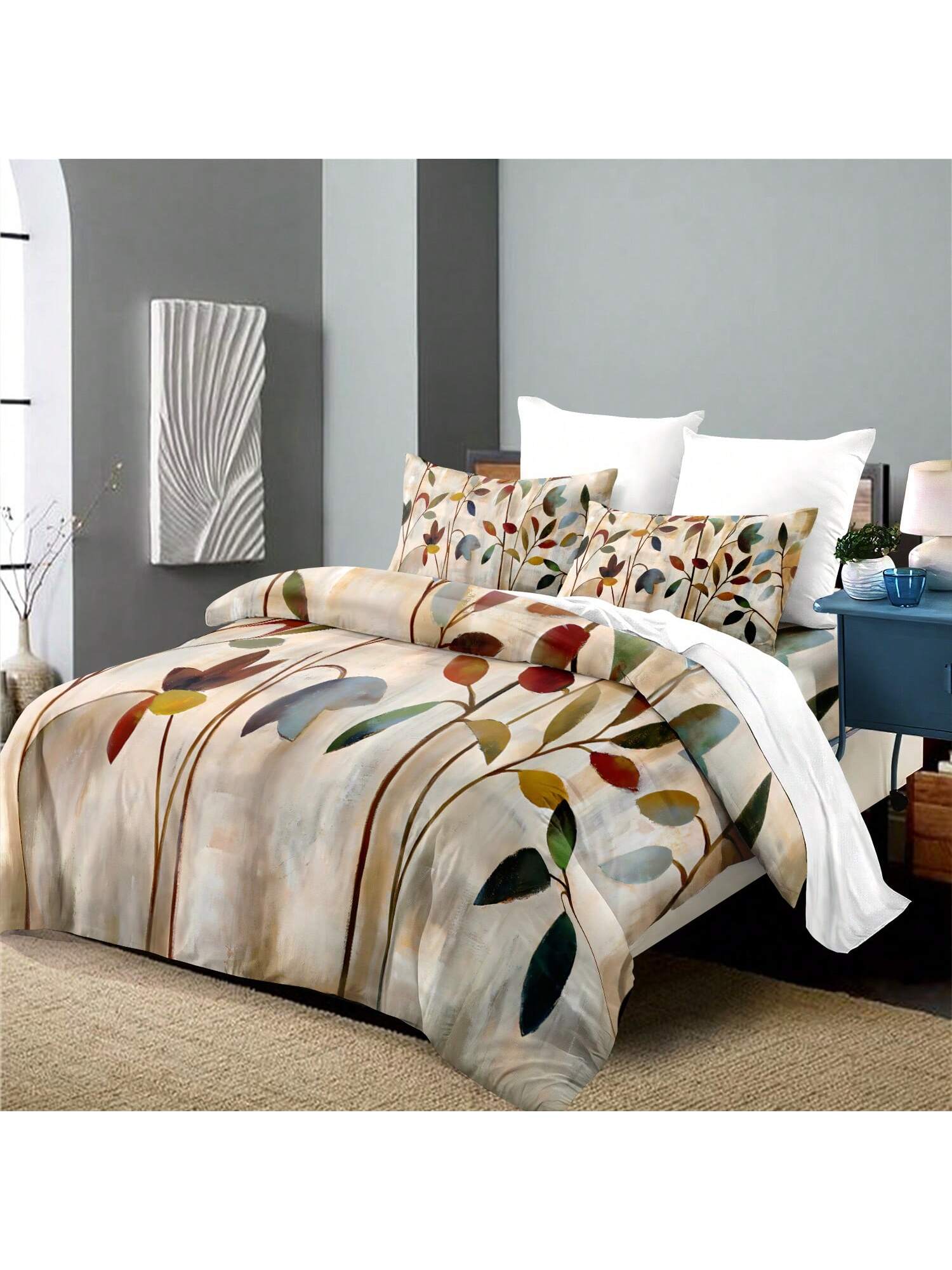 3pcs Art Leaves Pattern Duvet Cover Set - Polyester,Breathable Fabric, Machine Washable, Digital Print, All-Season Comfort, With 2 Pillowcases, No Insert - Elegant Home Decor