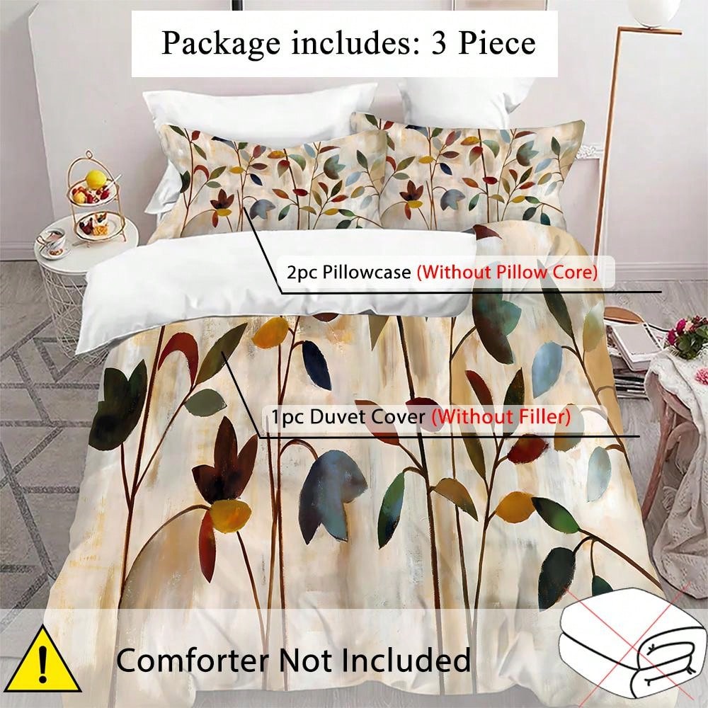 3pcs Art Leaves Pattern Duvet Cover Set - Polyester,Breathable Fabric, Machine Washable, Digital Print, All-Season Comfort, With 2 Pillowcases, No Insert - Elegant Home Decor