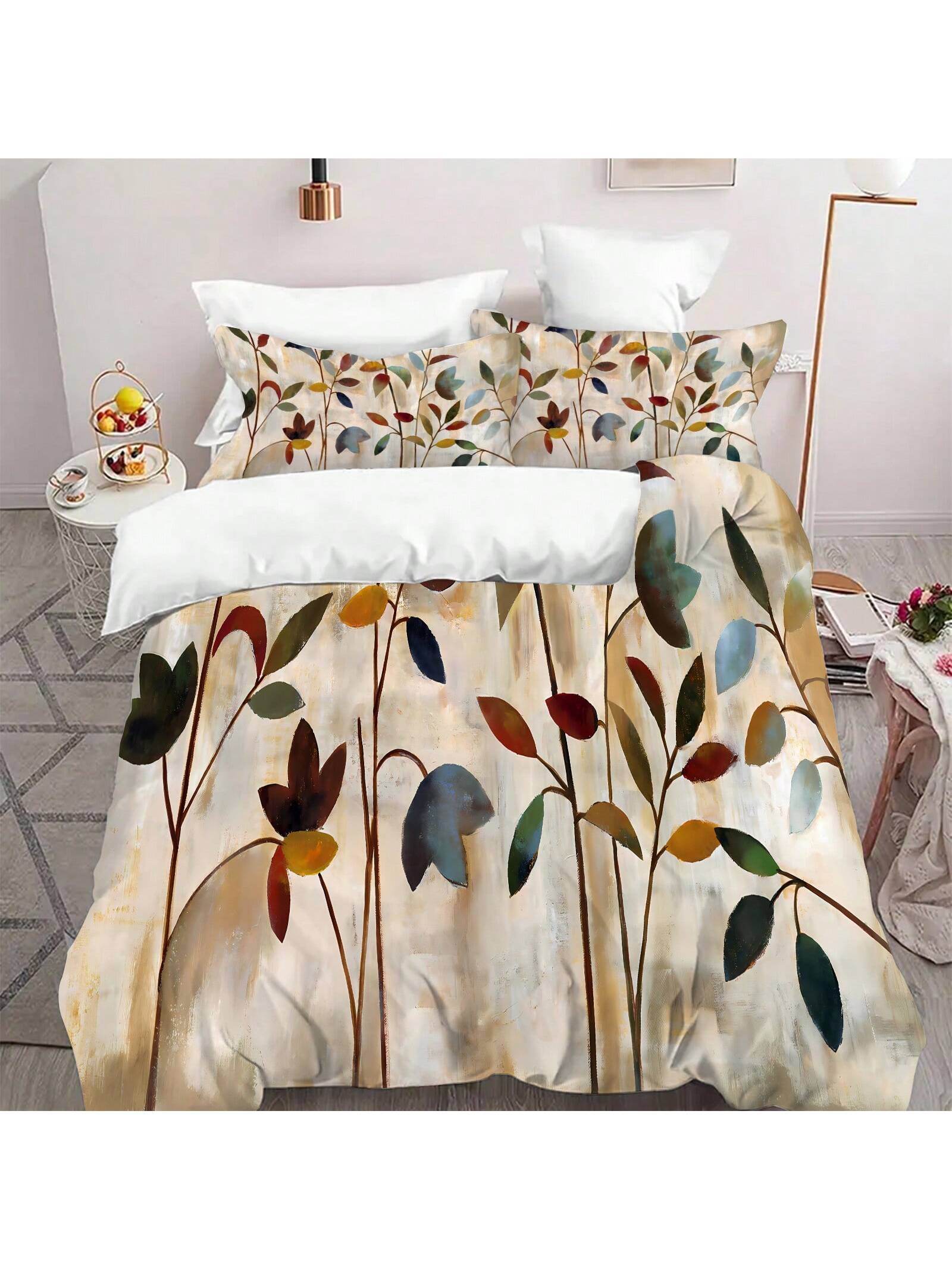 3pcs Art Leaves Pattern Duvet Cover Set - Polyester,Breathable Fabric, Machine Washable, Digital Print, All-Season Comfort, With 2 Pillowcases, No Insert - Elegant Home Decor