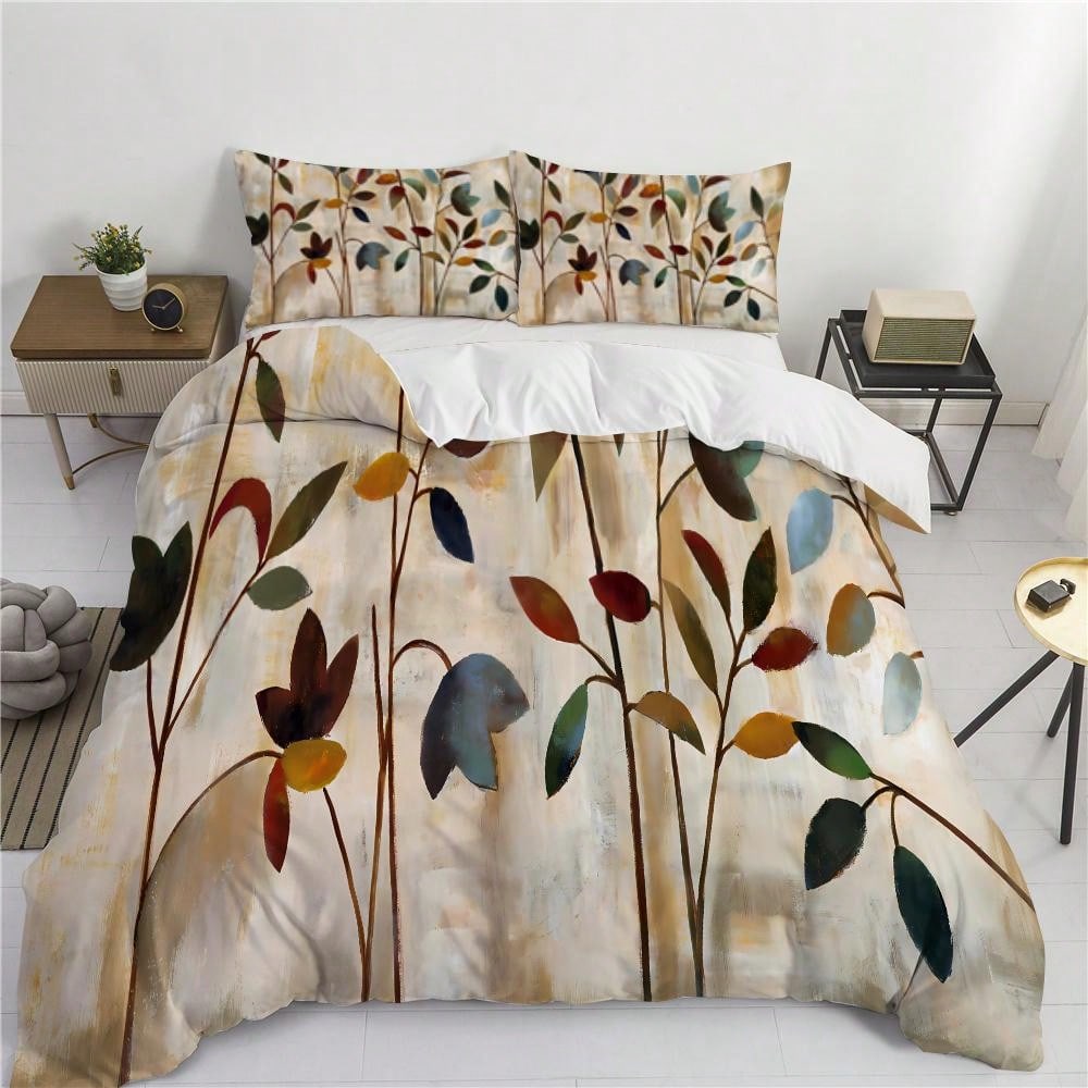 3pcs Art Leaves Pattern Duvet Cover Set - Polyester,Breathable Fabric, Machine Washable, Digital Print, All-Season Comfort, With 2 Pillowcases, No Insert - Elegant Home Decor