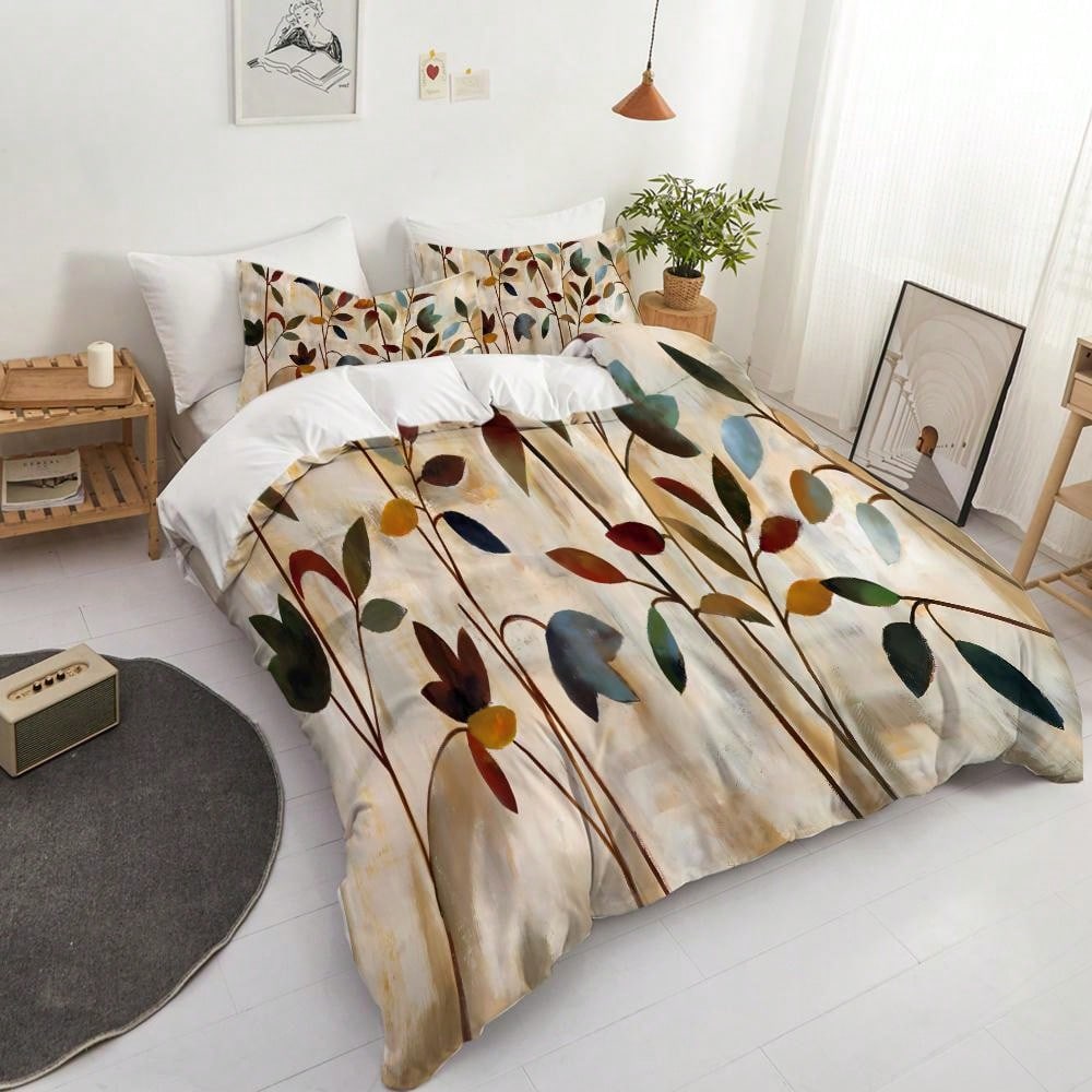 3pcs Art Leaves Pattern Duvet Cover Set - Polyester,Breathable Fabric, Machine Washable, Digital Print, All-Season Comfort, With 2 Pillowcases, No Insert - Elegant Home Decor