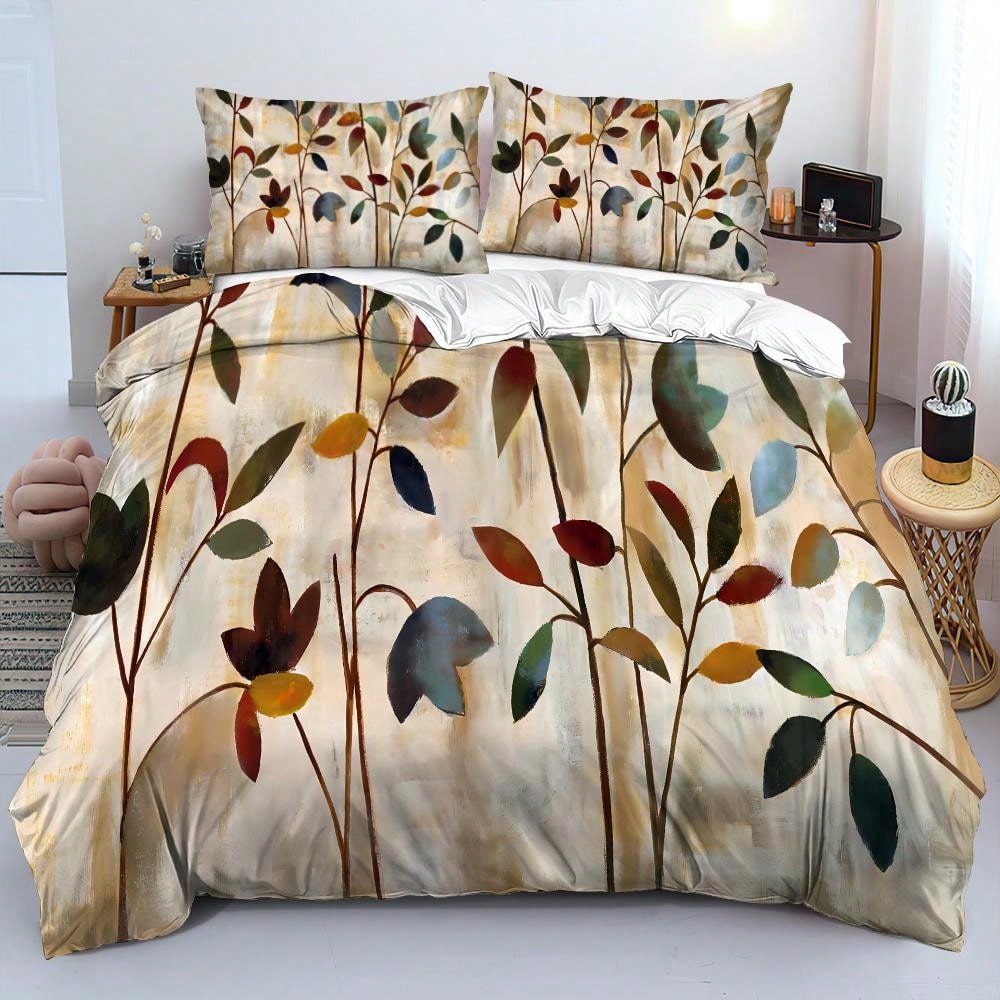 3pcs Art Leaves Pattern Duvet Cover Set - Polyester,Breathable Fabric, Machine Washable, Digital Print, All-Season Comfort, With 2 Pillowcases, No Insert - Elegant Home Decor