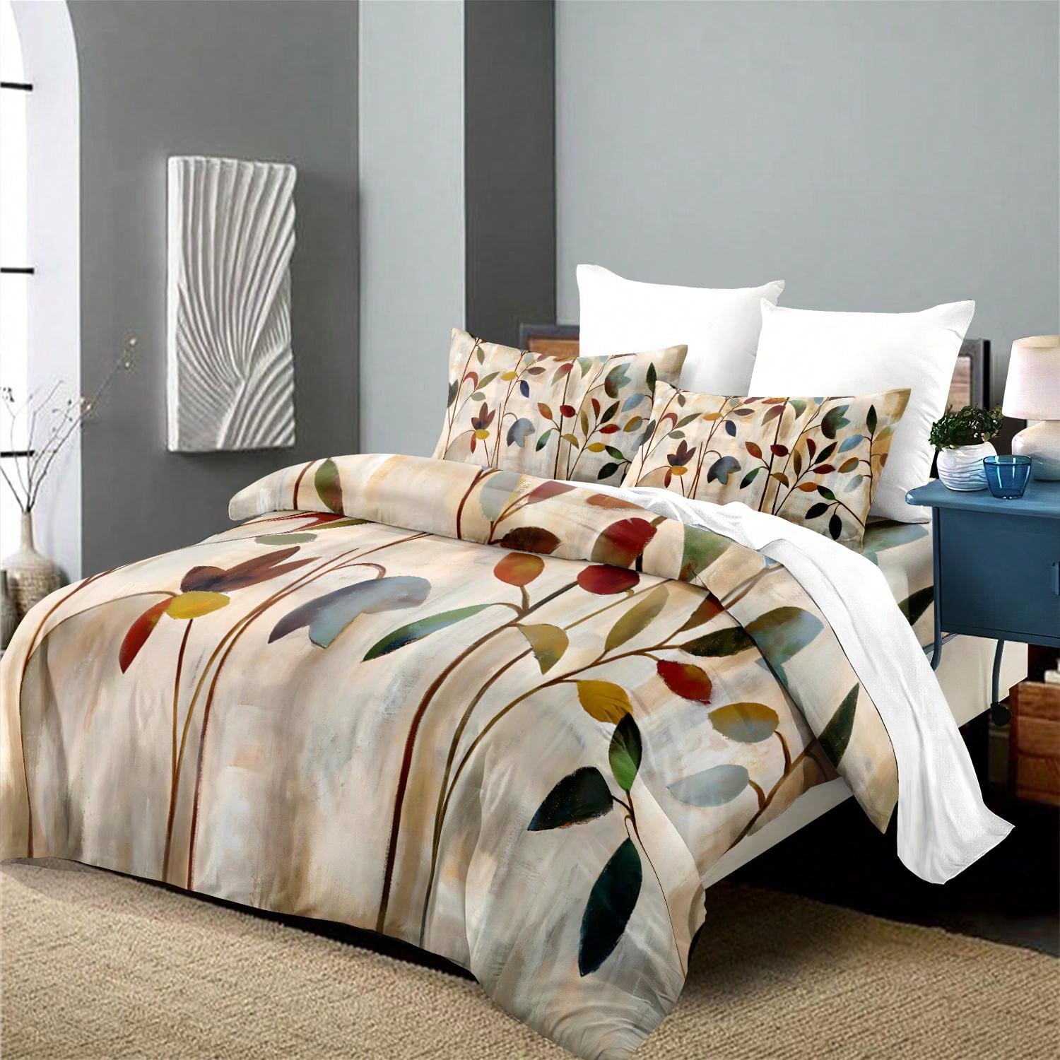 3pcs Art Leaves Pattern Duvet Cover Set - Polyester,Breathable Fabric, Machine Washable, Digital Print, All-Season Comfort, With 2 Pillowcases, No Insert - Elegant Home Decor