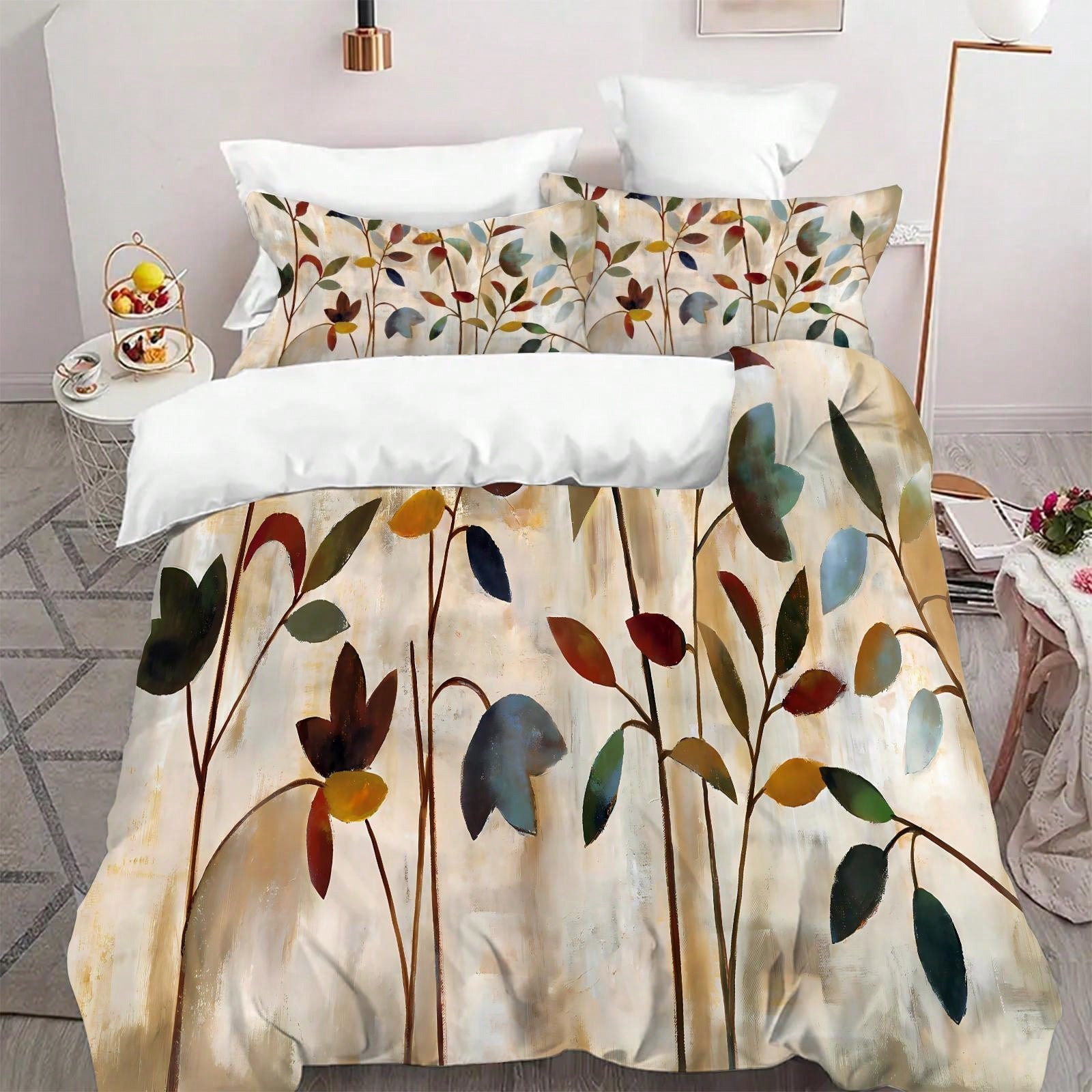 3pcs Art Leaves Pattern Duvet Cover Set - Polyester,Breathable Fabric, Machine Washable, Digital Print, All-Season Comfort, With 2 Pillowcases, No Insert - Elegant Home Decor