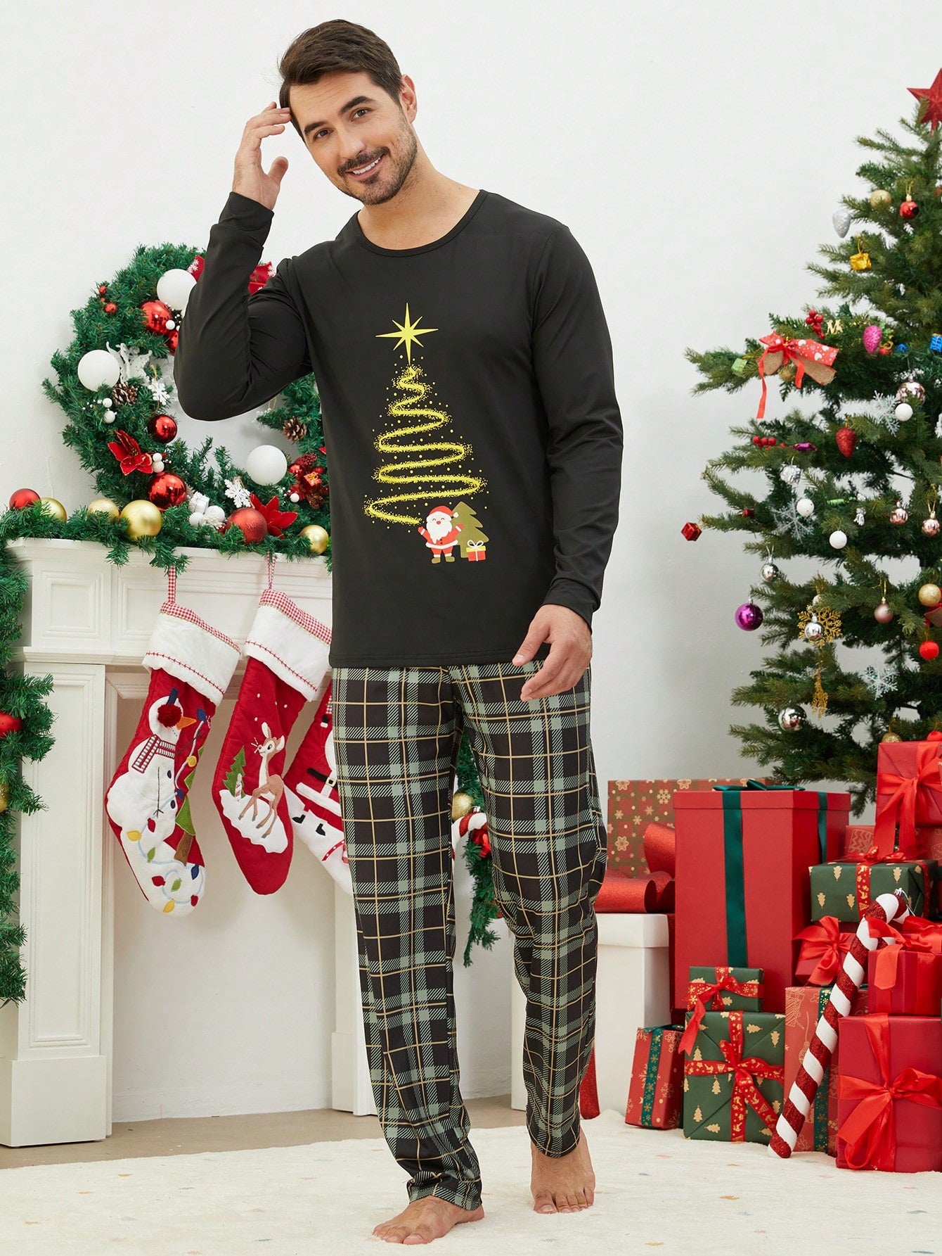 2pcs/Set Men's Christmas Family Matching Pajamas Magical Christmas Tree Print Plaid Long Sleeve Top And Pants, Cozy Holiday Loungewear