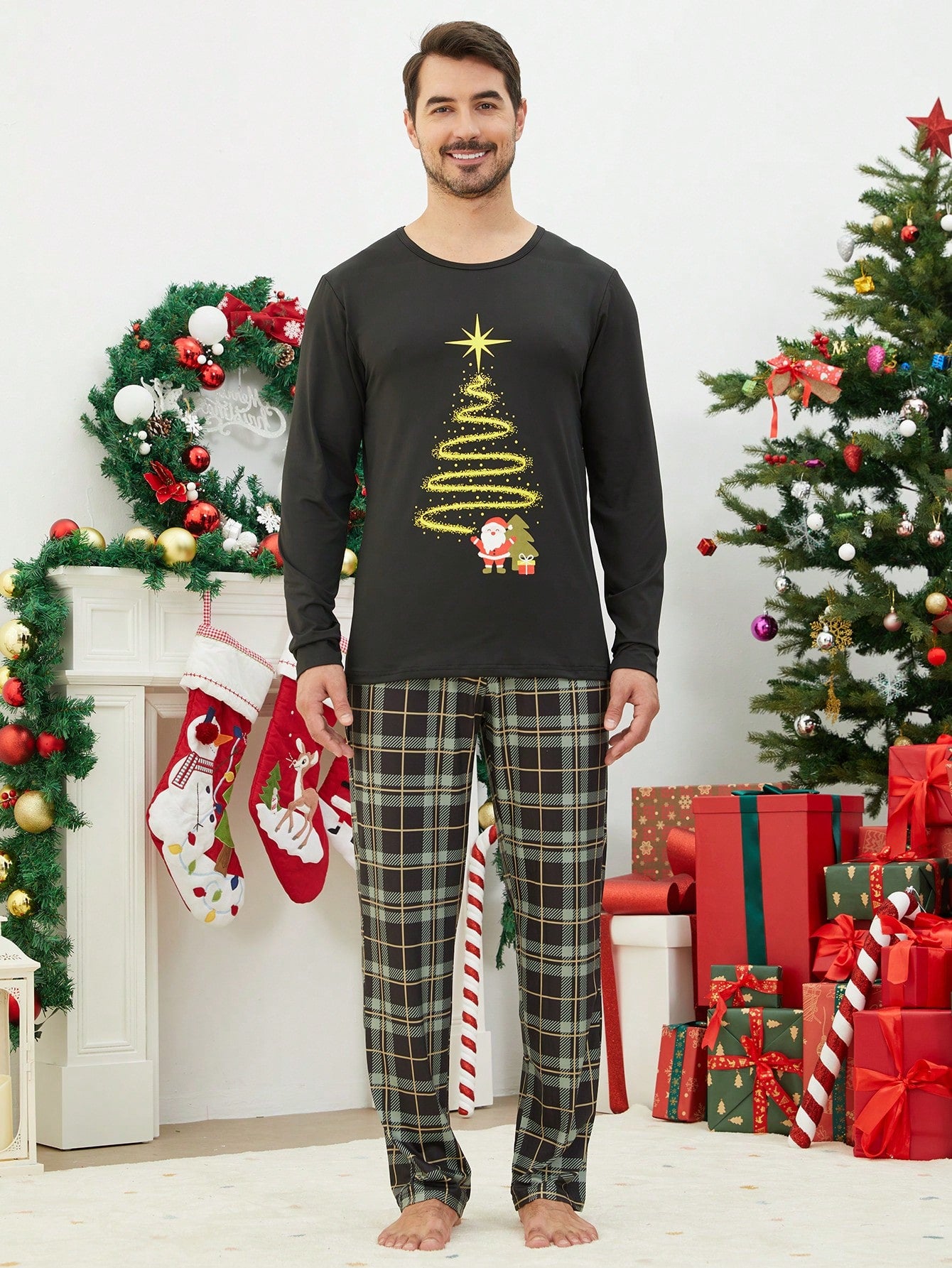 2pcs/Set Men's Christmas Family Matching Pajamas Magical Christmas Tree Print Plaid Long Sleeve Top And Pants, Cozy Holiday Loungewear