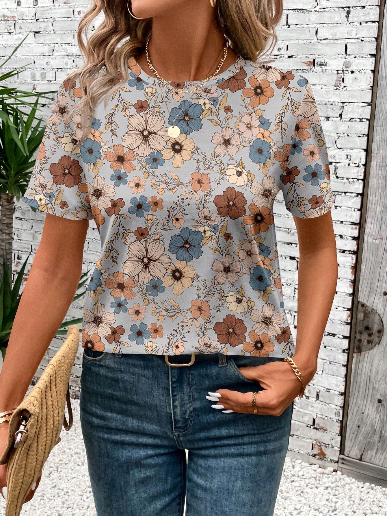 LUNE Casual Loose Fit Floral Print Short Sleeve Crew Neck T-Shirt For Women, Summer-Friendly