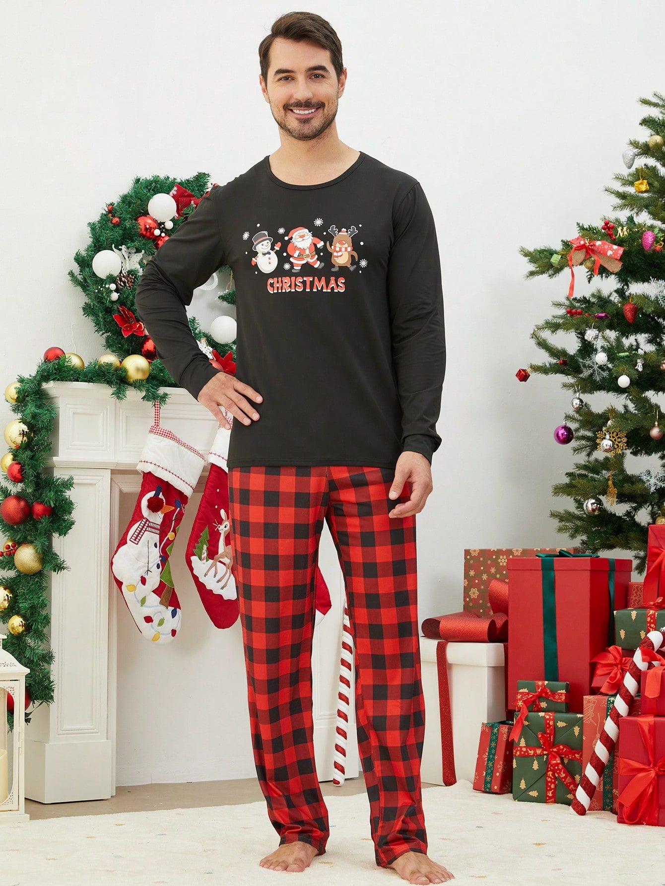 2pcs Set Men Christmas Matching Family Pajamas Set, Santa Claus, Snowman, Deer Print Plaid Long Sleeve Top And Long Pants, Holiday Cozy Homewear Suit