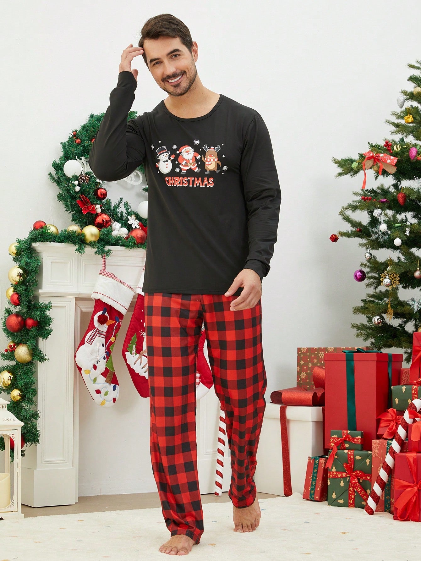 2pcs Set Men Christmas Matching Family Pajamas Set, Santa Claus, Snowman, Deer Print Plaid Long Sleeve Top And Long Pants, Holiday Cozy Homewear Suit