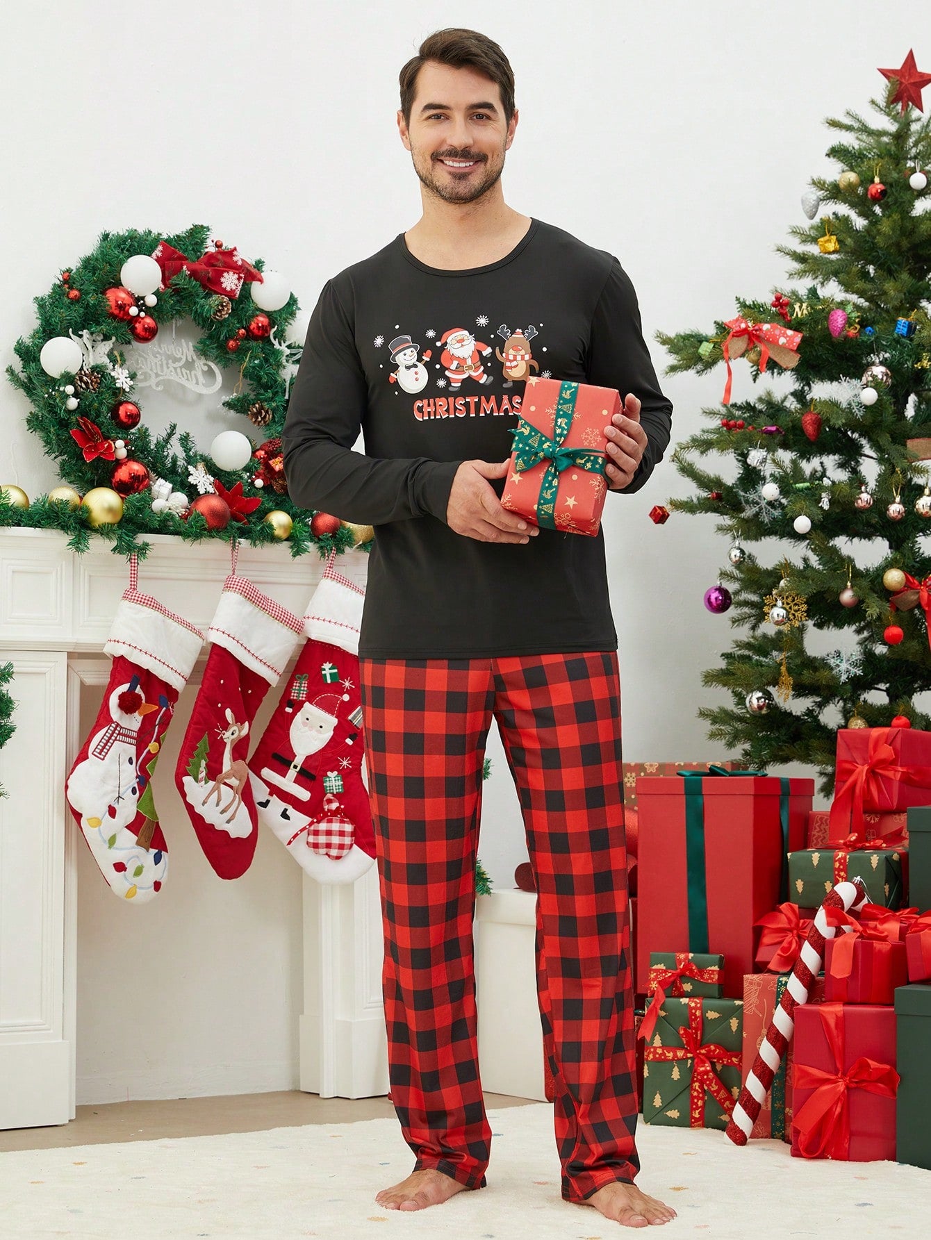 2pcs Set Men Christmas Matching Family Pajamas Set, Santa Claus, Snowman, Deer Print Plaid Long Sleeve Top And Long Pants, Holiday Cozy Homewear Suit