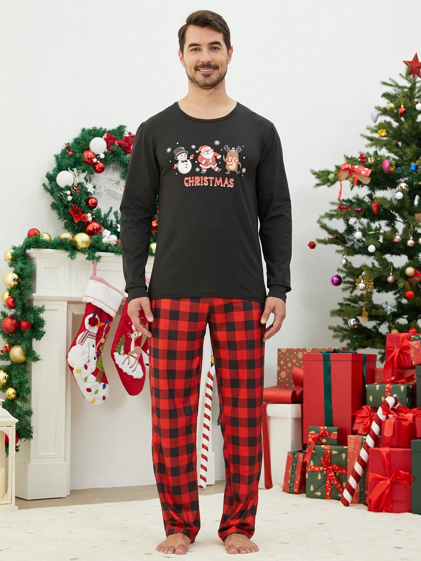 2pcs Set Men Christmas Matching Family Pajamas Set, Santa Claus, Snowman, Deer Print Plaid Long Sleeve Top And Long Pants, Holiday Cozy Homewear Suit