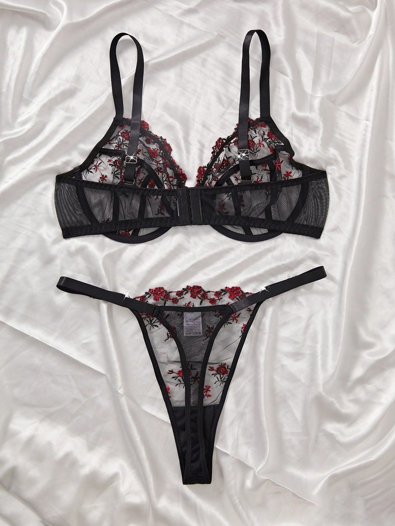 2pcs/Set Plus Size Women Floral Embroidered Mesh Lingerie Set