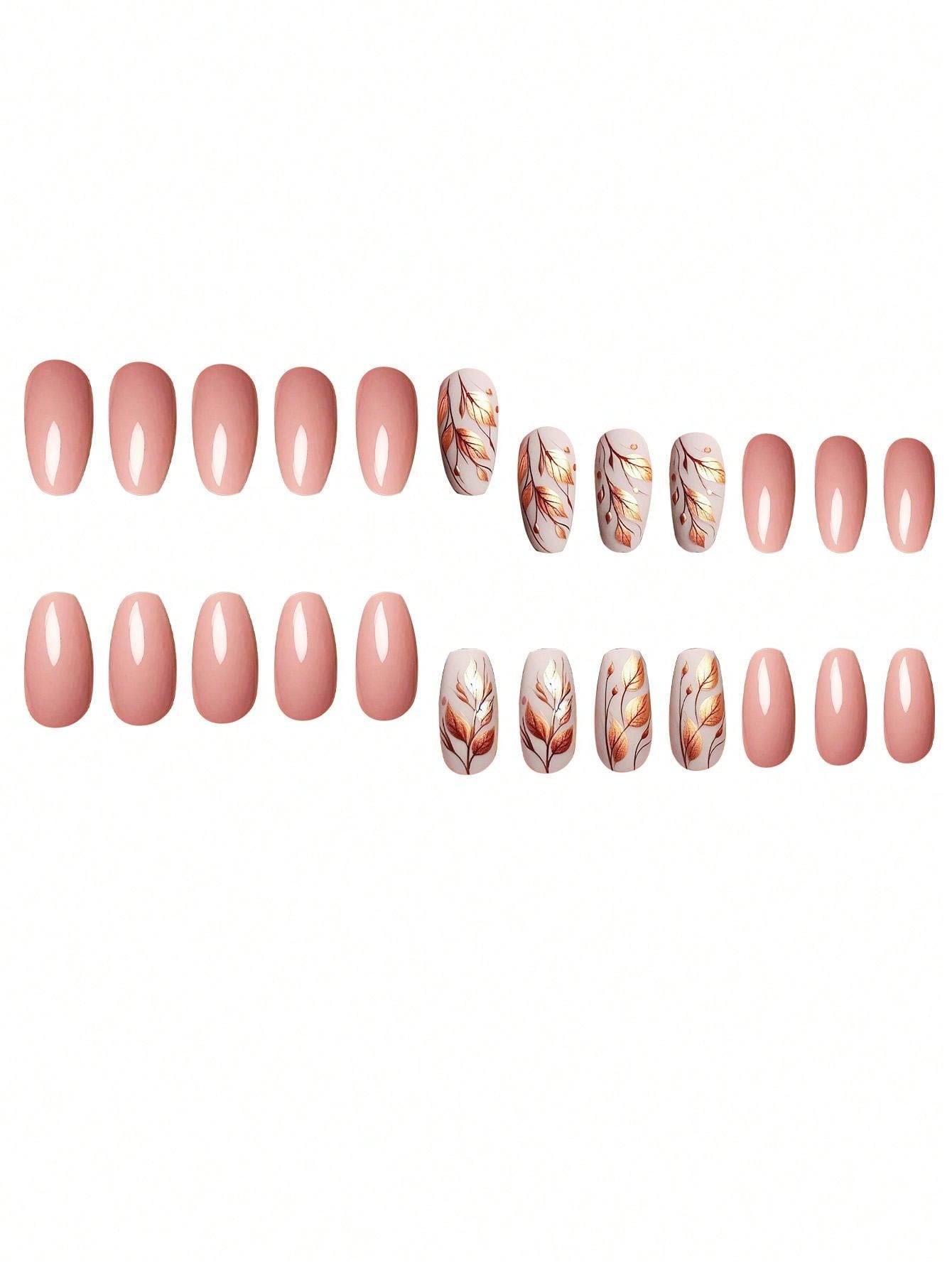 1 Set Of 24pcs Ballet-Shaped Press-On Nails With Autumn Golden Leaf Design, Suitable For All Women, Comfortable & Easy To Use, Long-Lasting Glossy Finish, Comes With Jelly Gel And Scrubber For Beautiful Nail Look