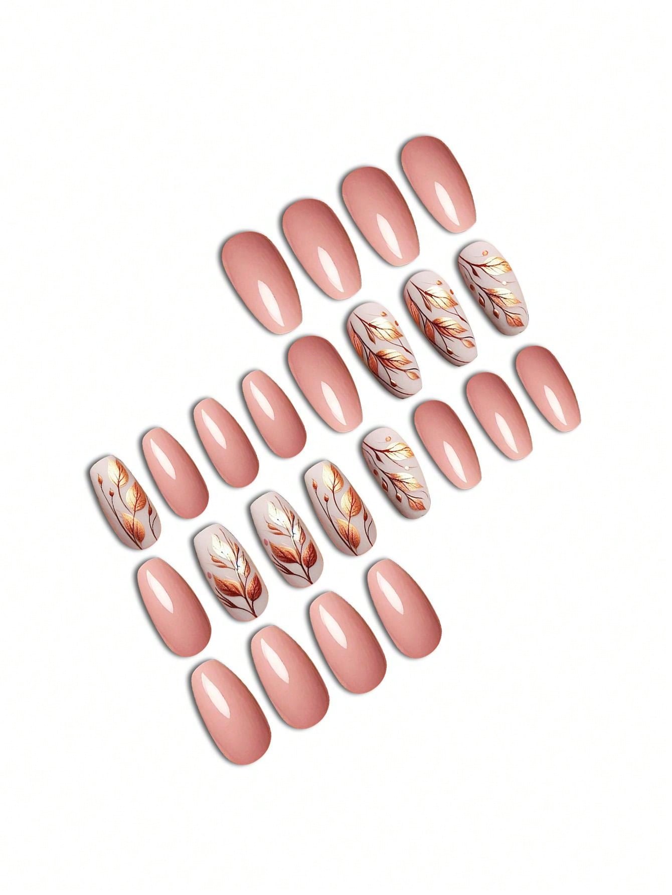 1 Set Of 24pcs Ballet-Shaped Press-On Nails With Autumn Golden Leaf Design, Suitable For All Women, Comfortable & Easy To Use, Long-Lasting Glossy Finish, Comes With Jelly Gel And Scrubber For Beautiful Nail Look