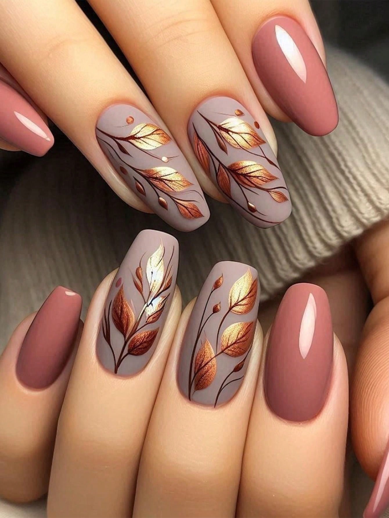 1 Set Of 24pcs Ballet-Shaped Press-On Nails With Autumn Golden Leaf Design, Suitable For All Women, Comfortable & Easy To Use, Long-Lasting Glossy Finish, Comes With Jelly Gel And Scrubber For Beautiful Nail Look