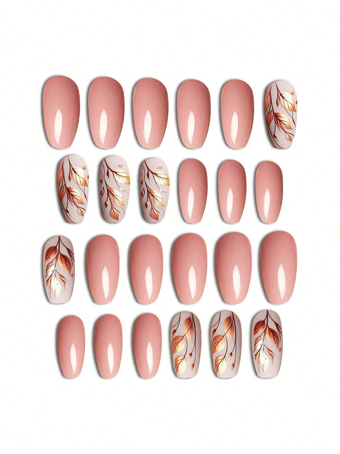 1 Set Of 24pcs Ballet-Shaped Press-On Nails With Autumn Golden Leaf Design, Suitable For All Women, Comfortable & Easy To Use, Long-Lasting Glossy Finish, Comes With Jelly Gel And Scrubber For Beautiful Nail Look