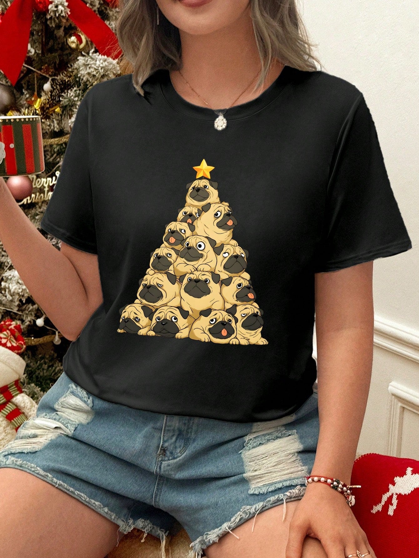 LUNE Plus Size Women's Christmas Crew Neck T-Shirt,Santa Claus Print T-Shirt