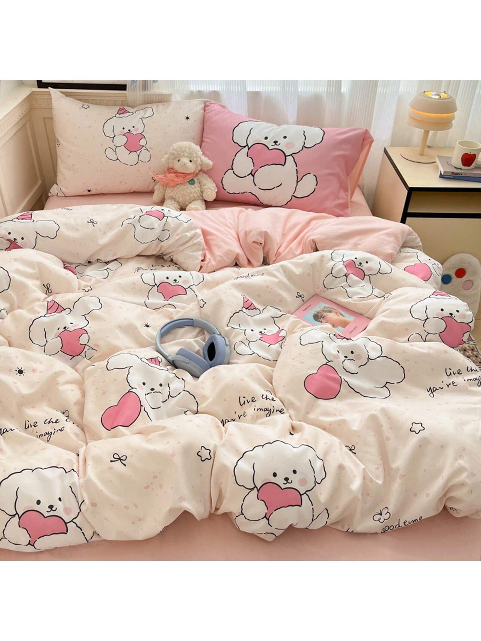 4pcs Cloud Pattern Cotton Bedding Set (1pc Duvet Cover Without Insert, 1pc Flat Sheet, 2pcs Pillowcase Without Insert), Butterfly, Plant, Star, Cartoon Printed, Oversized Design For Full/Queen Bed, Soft, Cozy, INS Style