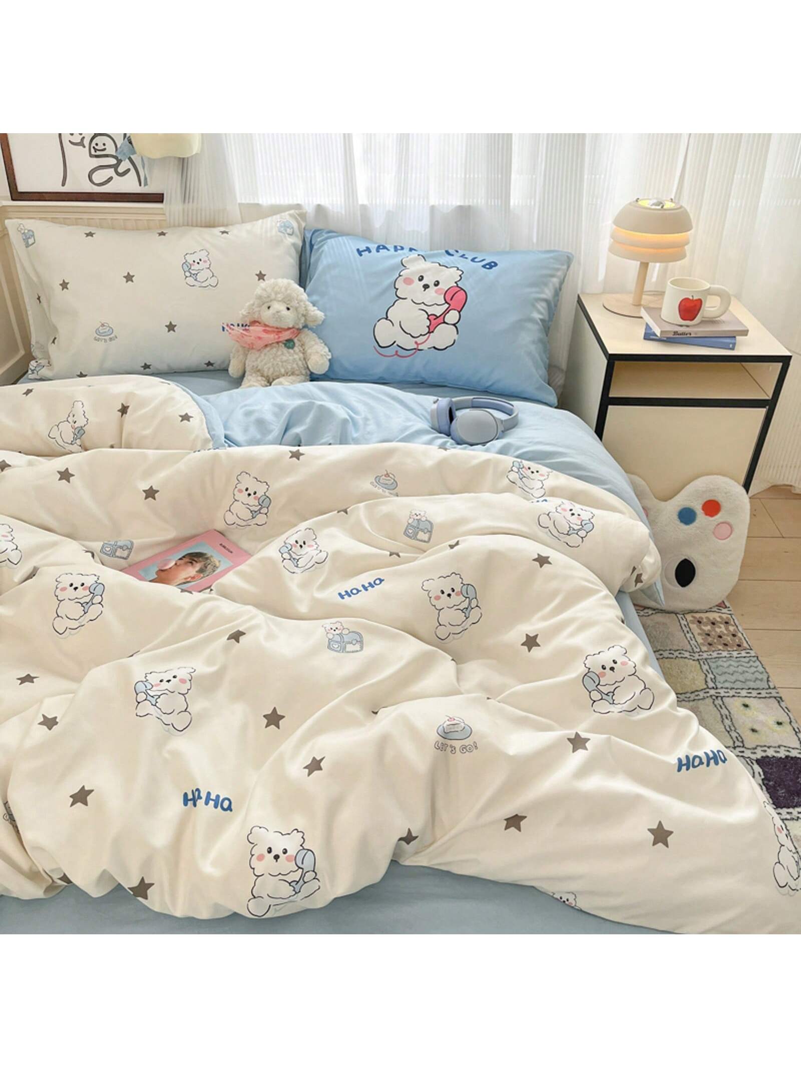 4pcs Cloud Pattern Cotton Bedding Set (1pc Duvet Cover Without Insert, 1pc Flat Sheet, 2pcs Pillowcase Without Insert), Butterfly, Plant, Star, Cartoon Printed, Oversized Design For Full/Queen Bed, Soft, Cozy, INS Style