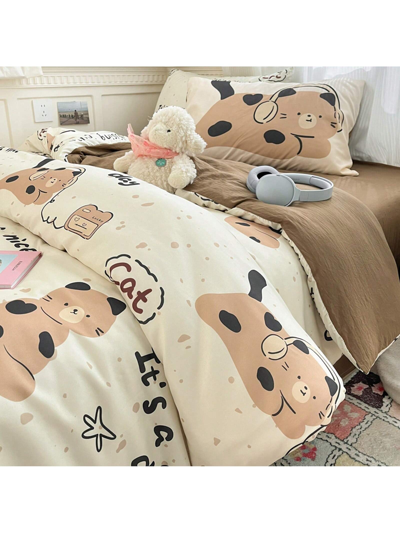 4pcs Cloud Pattern Cotton Bedding Set (1pc Duvet Cover Without Insert, 1pc Flat Sheet, 2pcs Pillowcase Without Insert), Butterfly, Plant, Star, Cartoon Printed, Oversized Design For Full/Queen Bed, Soft, Cozy, INS Style