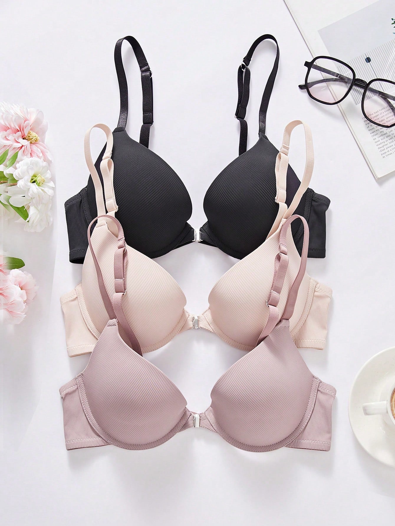 3pcs Women Plain Ribbed Wire Supported Push Up Cross Back Front Closure Bra Set