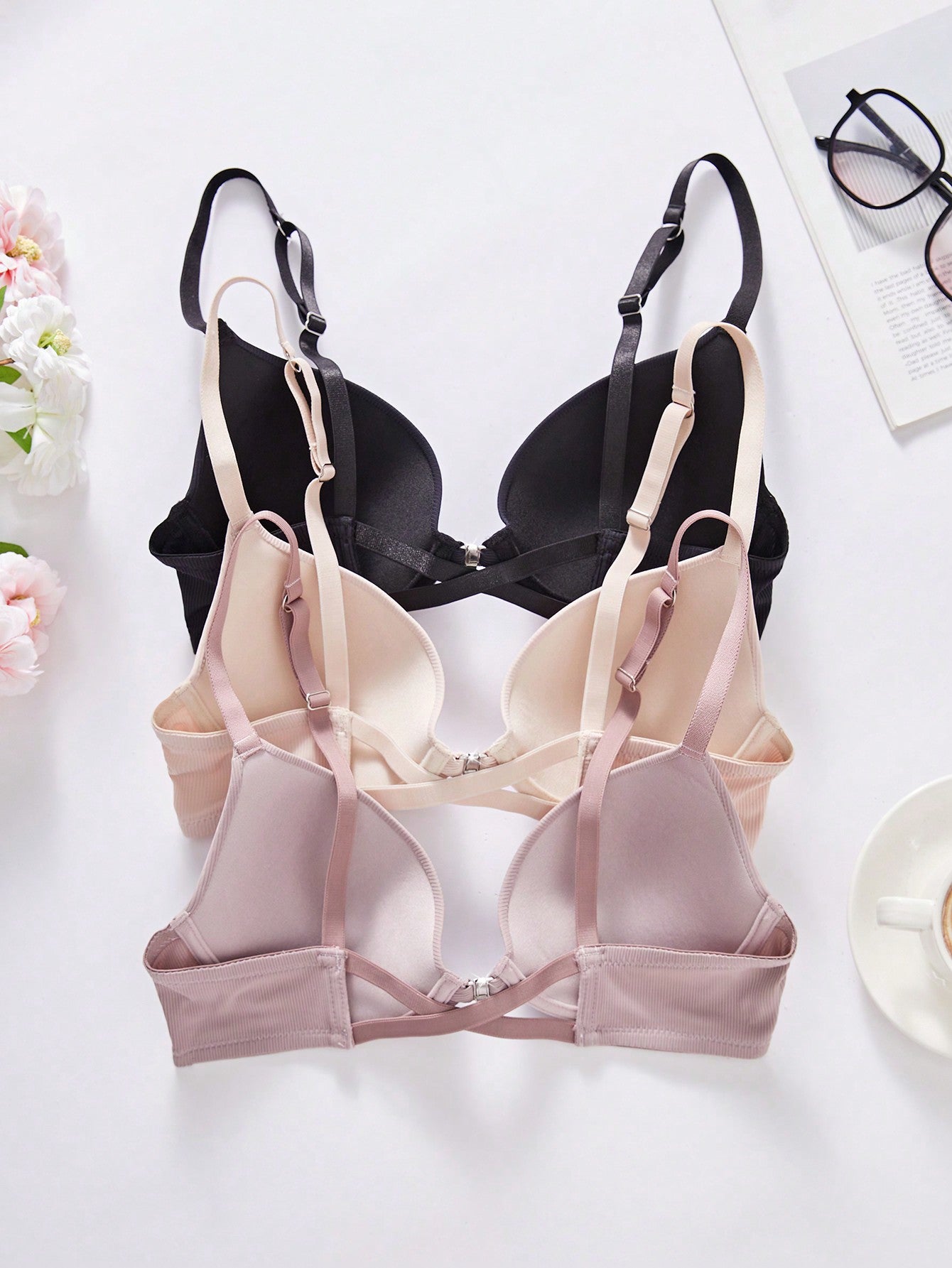 3pcs Women Plain Ribbed Wire Supported Push Up Cross Back Front Closure Bra Set