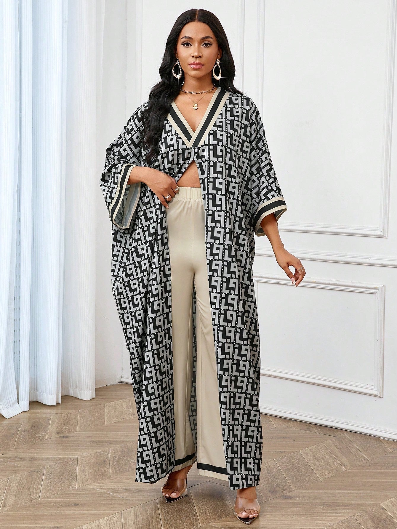 SHEIN Lady Women Elegant Geometric Print V-Neck High Slit Top And Solid Color Long Pants Elegant 2-Piece Set Fall Clothes Women Costumes Two Piece Fall Sets Fall Women Outfits