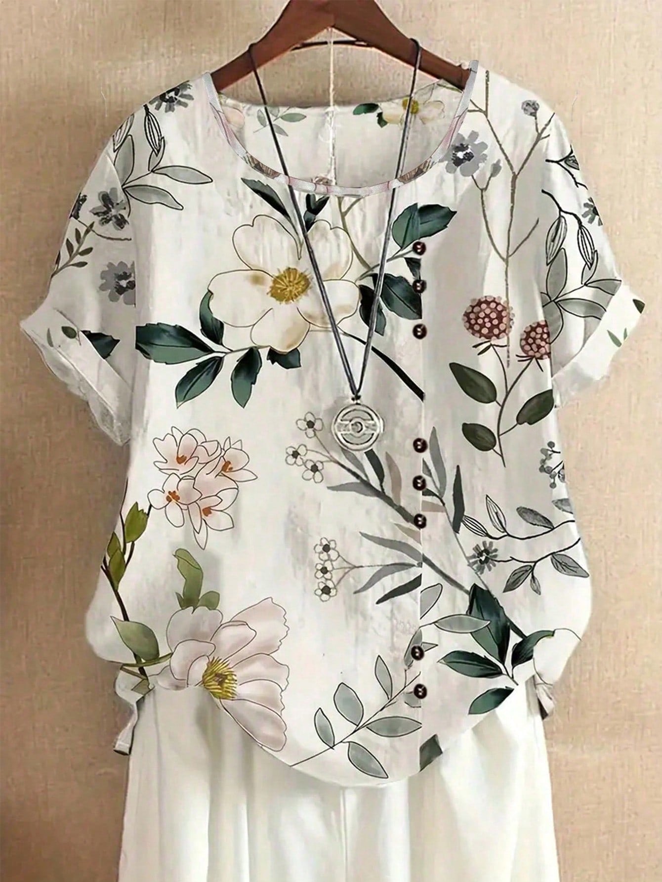 EMERY ROSE Shirt (H-Shaped Plant Print Round Neck Button Decor Shirt), Random Cutting Print