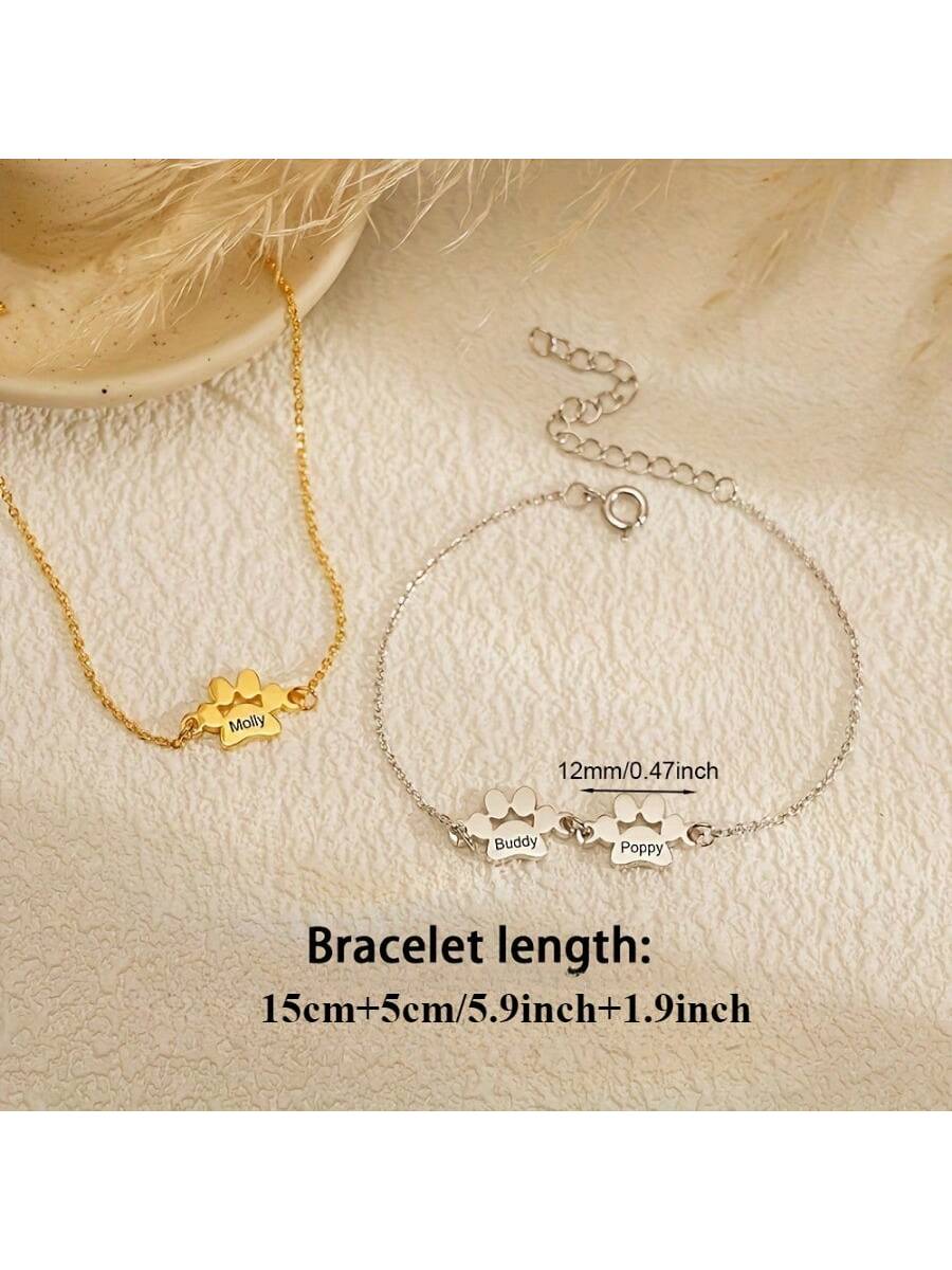 Customizable 1-4 Names Bracelet, 18K Gold Plated Cat Paw Charm Stainless Steel Personalized Bracelet, Customized English Name Couple Gifts