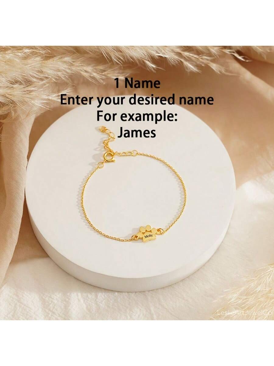 Customizable 1-4 Names Bracelet, 18K Gold Plated Cat Paw Charm Stainless Steel Personalized Bracelet, Customized English Name Couple Gifts