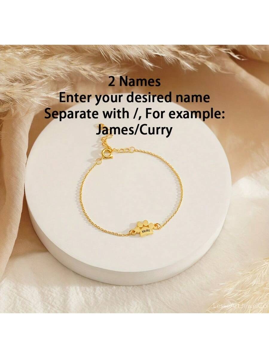 Customizable 1-4 Names Bracelet, 18K Gold Plated Cat Paw Charm Stainless Steel Personalized Bracelet, Customized English Name Couple Gifts