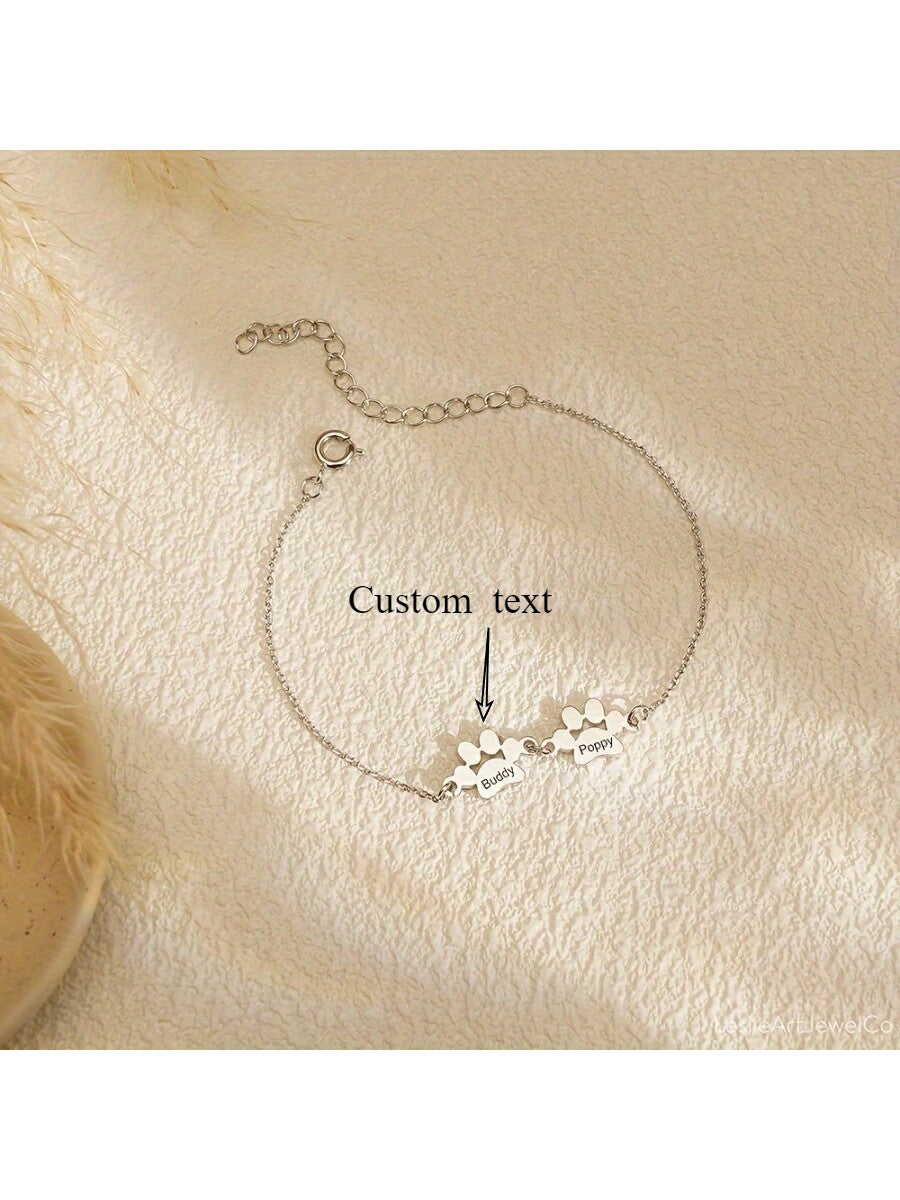 Customizable 1-4 Names Bracelet, 18K Gold Plated Cat Paw Charm Stainless Steel Personalized Bracelet, Customized English Name Couple Gifts