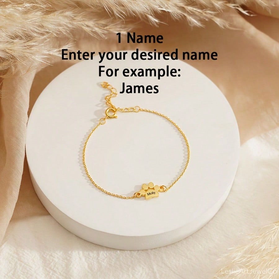 Customizable 1-4 Names Bracelet, 18K Gold Plated Cat Paw Charm Stainless Steel Personalized Bracelet, Customized English Name Couple Gifts