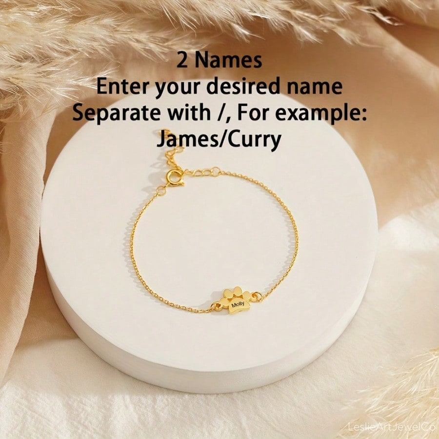 Customizable 1-4 Names Bracelet, 18K Gold Plated Cat Paw Charm Stainless Steel Personalized Bracelet, Customized English Name Couple Gifts