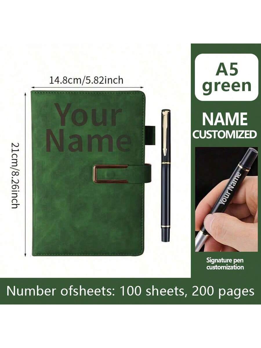 1pc Customized A5 Notebook With Customized Engraved Ballpoint Pen - Minimalist Texture Notebook, Suitable For Notes, Diary And Meetings - Customized Name, Phone, Logo - Retro Clasp Design - Ideal Gift For Office Or Personal Use