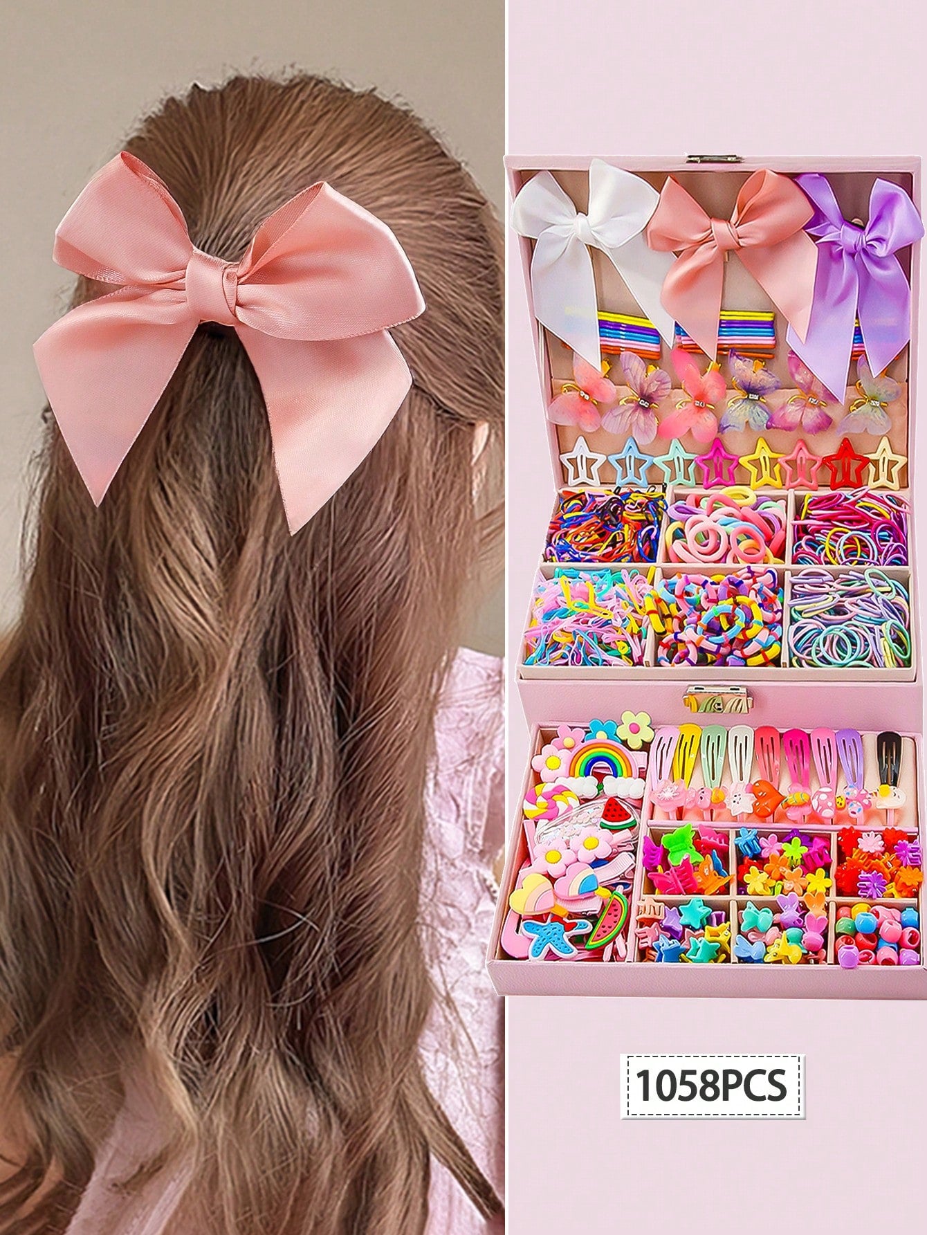 1058pcs/Set Kids Girls Colorful Fabric Bow, Cartoon Flower, Chiffon Elastic, Butterfly, Rainbow Hair Clips, Hair Ties, Barrettes, Scrunchies, Ponytail Holders Hair Accessories Set, Ideal For Daily Use And Gifts