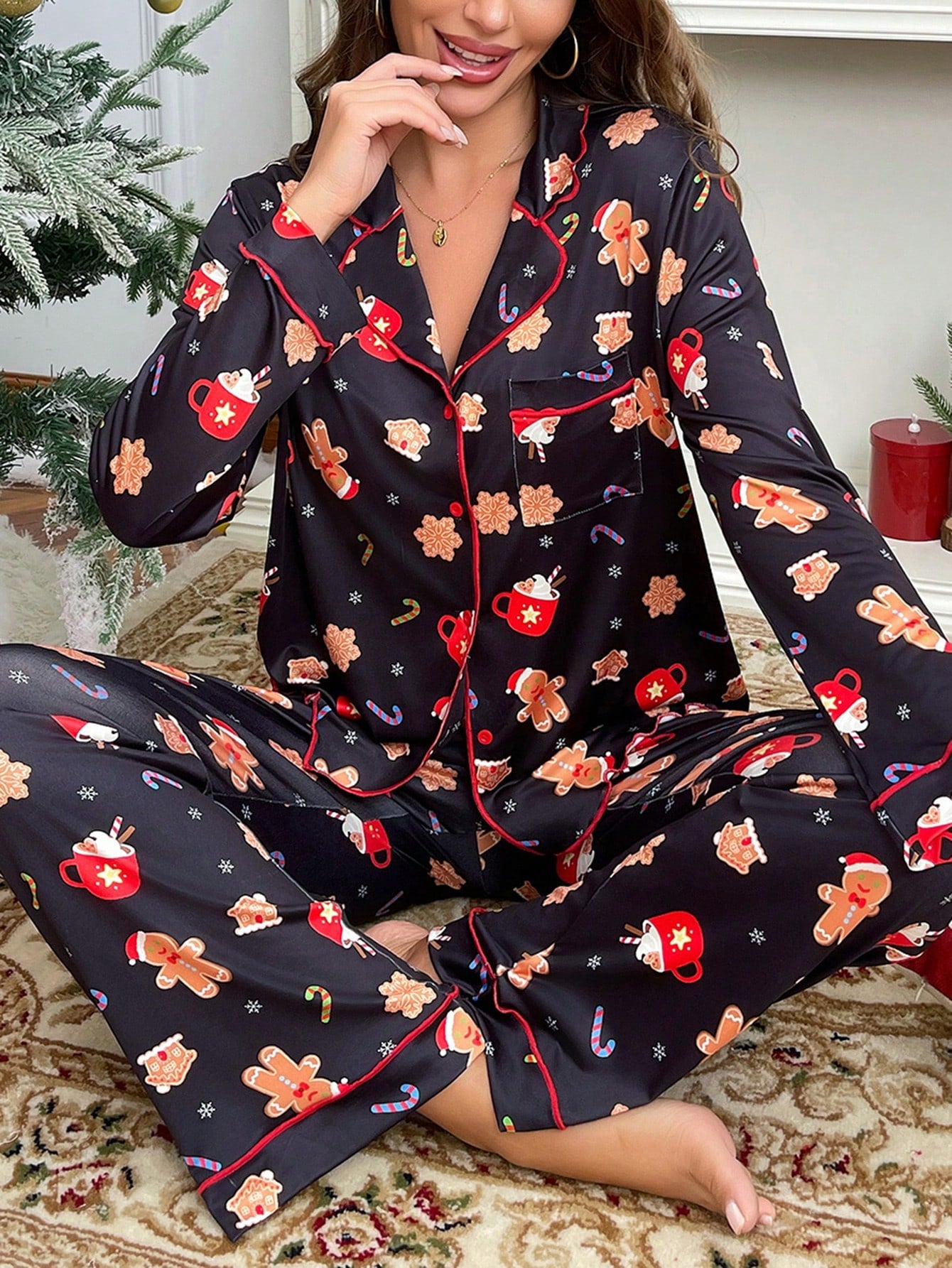 Cute Christmas Pattern Print Color Block Collar Long Sleeve Pajama Set