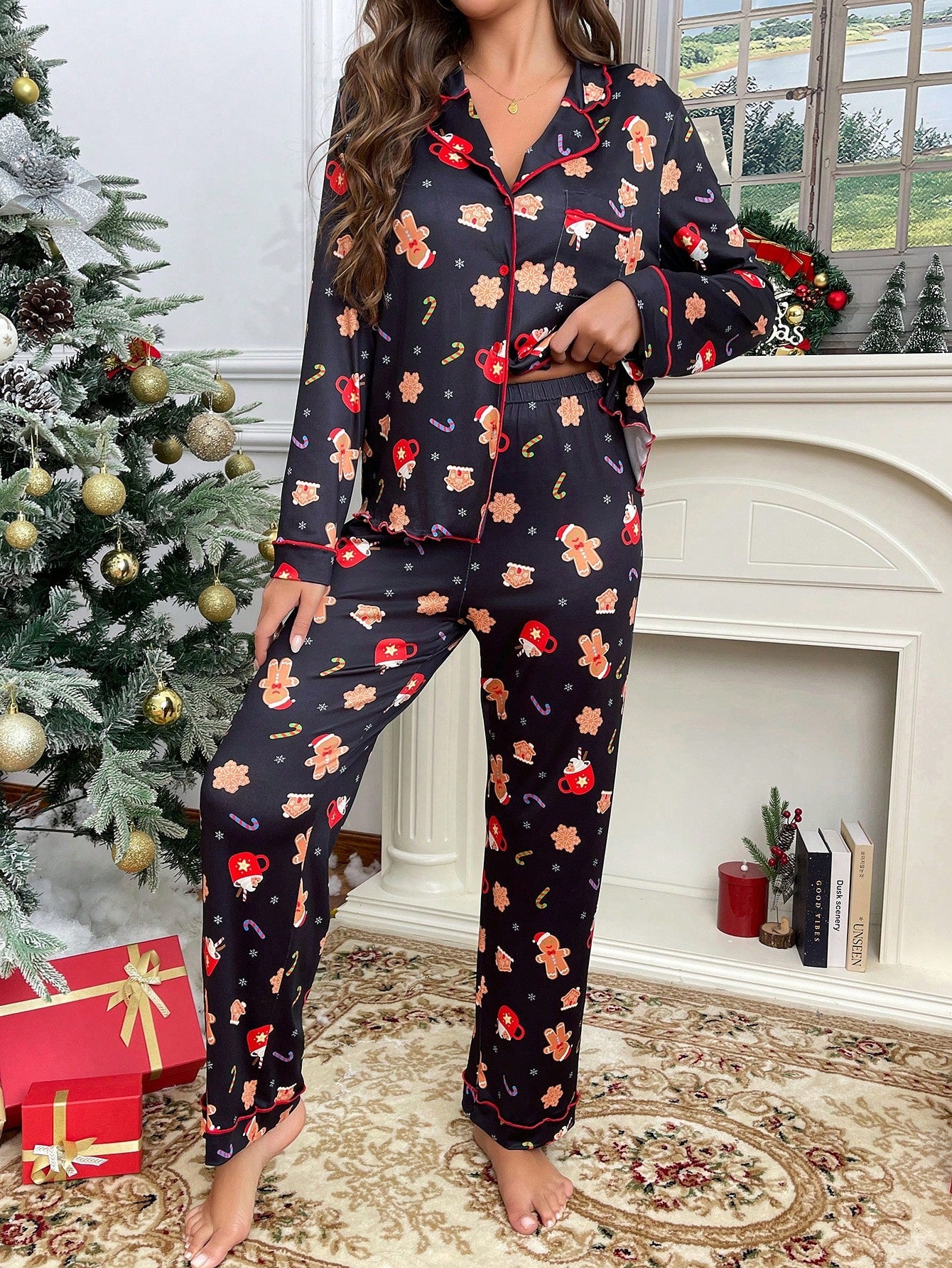 Cute Christmas Pattern Print Color Block Collar Long Sleeve Pajama Set