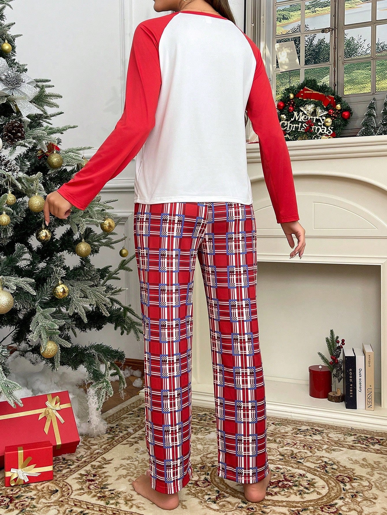 Christmas Elk Print Color Block Cute Women Pajama Set